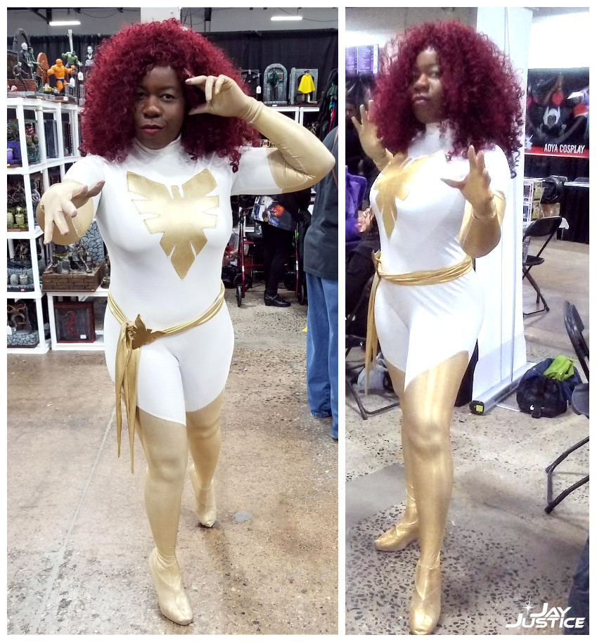 2 image collage of Jay Justice as White Phoenix of the Crown in a gold and white bodysuit with a gold sash and big red curly hair, posed as if reading minds and using telekinesis